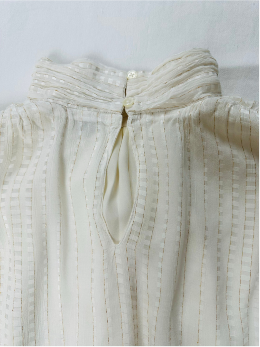 Ann Taylor Small Ivory Metallic Stripe High Neck Puff Sleeve Romantic Blouse - Picture 9 of 13